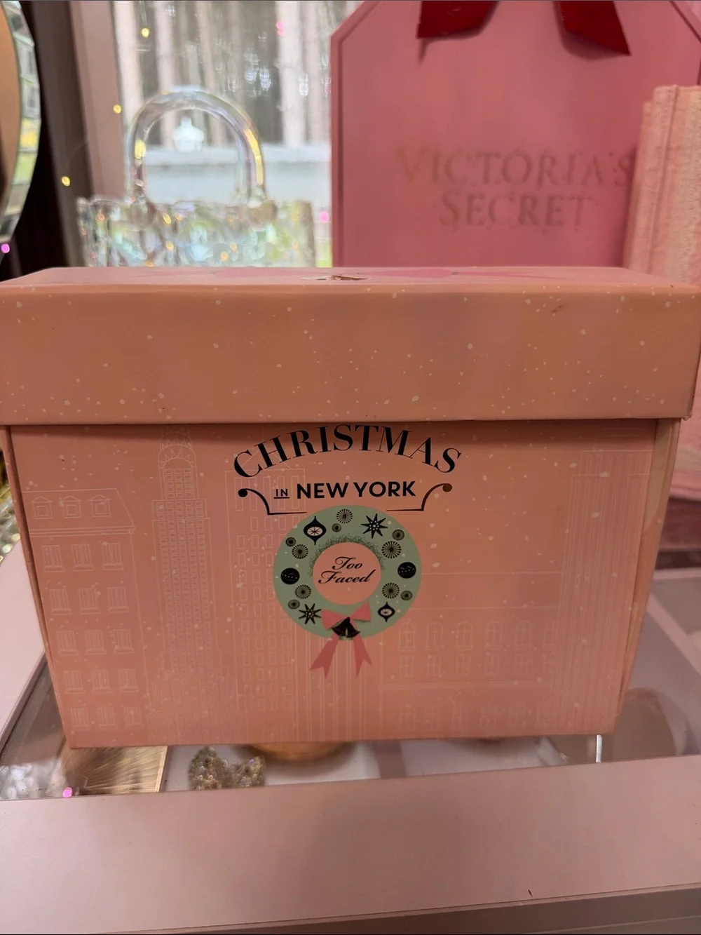 Too Faced Pink Holiday Gift Box with Mint Wreath Graphic